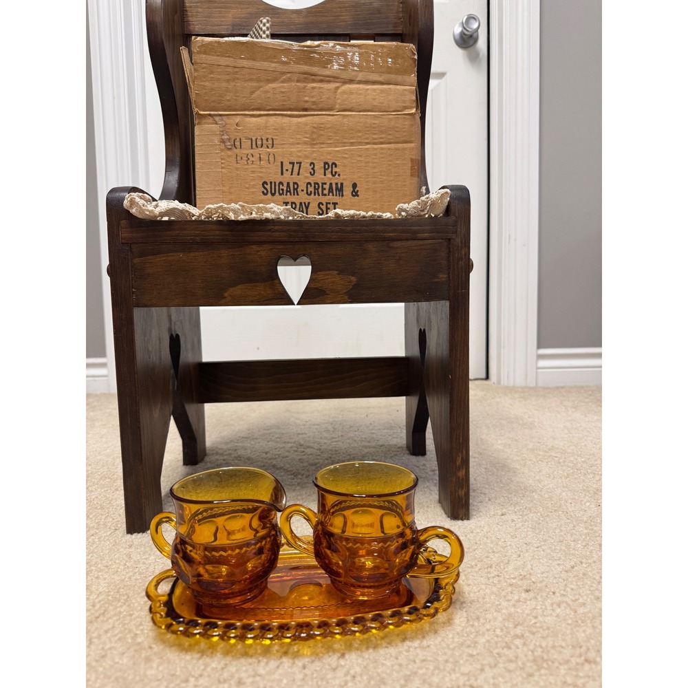Vintage Indiana Glass Kings Crown Amber Sugar Creamer and Tray Set 3pc with box